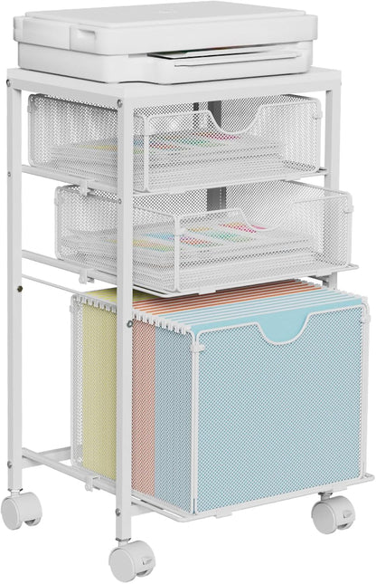 BOHDK Rolling File Cart with 3 Storage Drawers, Wood & Mesh Hanging File Folder Organizer with Wheels Under Desk, File Cabinets for Home Office, 11.81" D x 14.8" W x 25.39" H, White