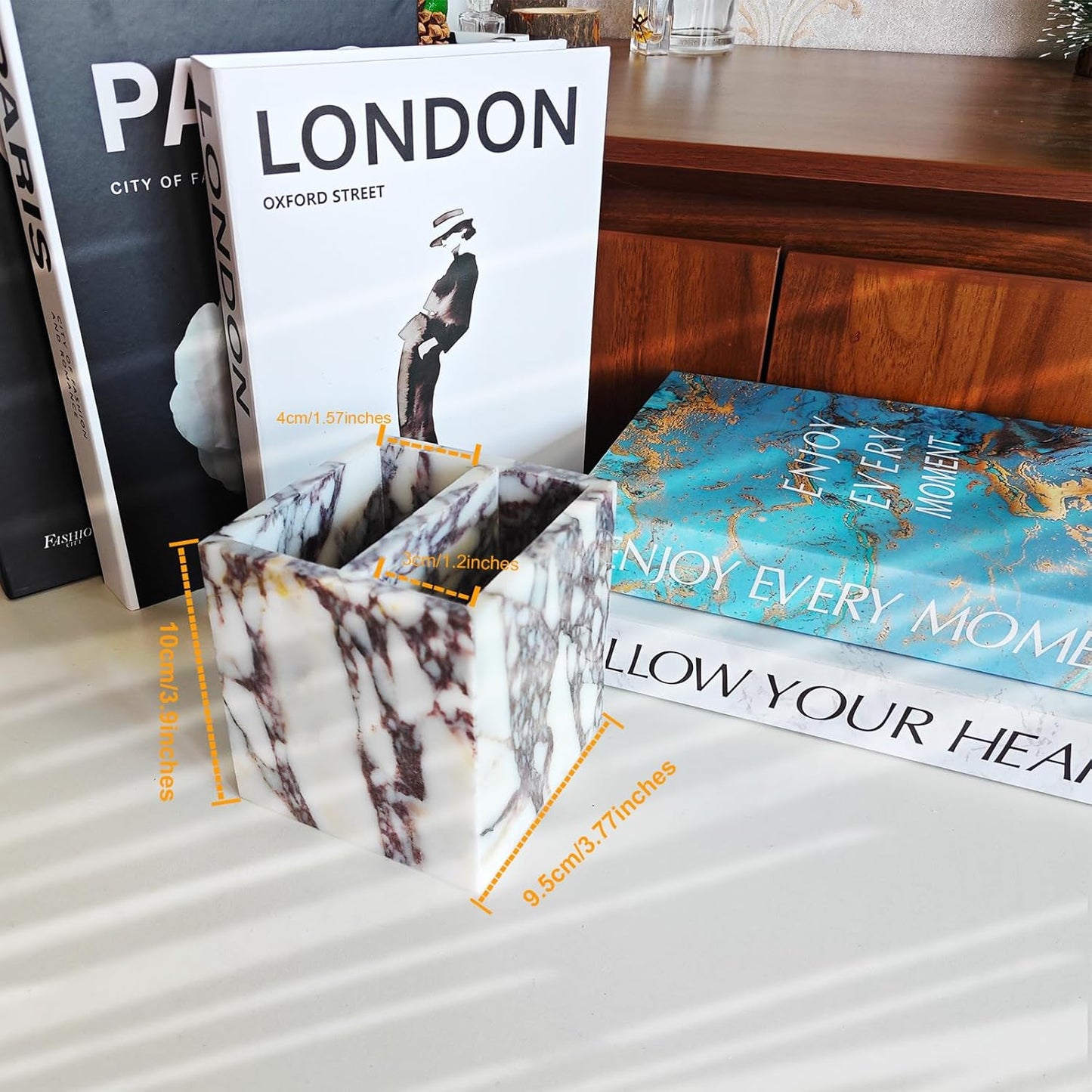 Marble Pen Holder, White Stone Rectangular Desktop Organizer, Office Study Makeup Brush Storage, Home Desk Decor, Minimalist Design, Durable Marble Accessory