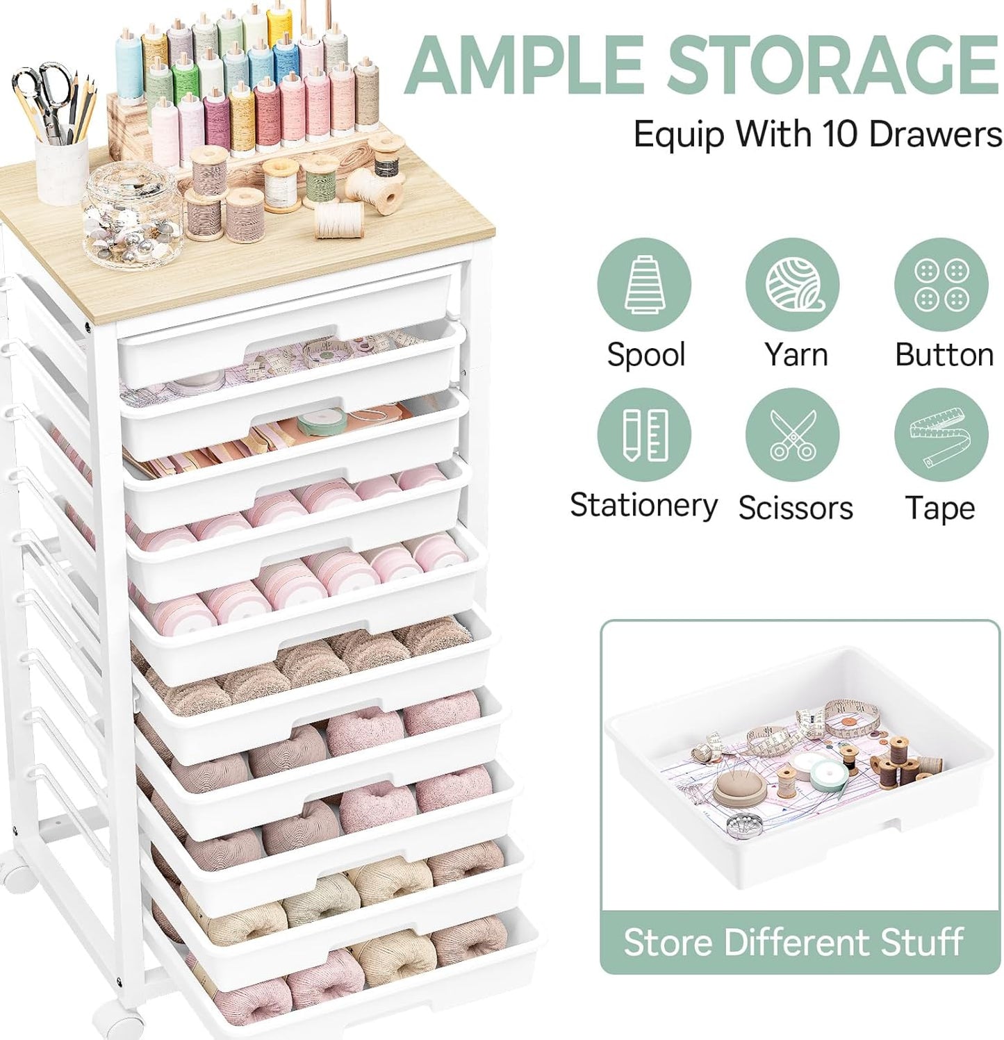 SYKIARIOL Rolling Storage Utility Cart with 6 Drawers and Wooden Tabletop for Under Desk Storage,White