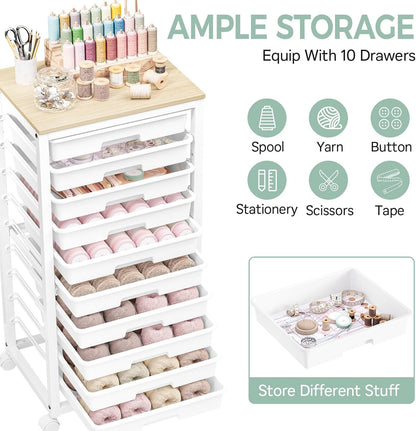 SYKIARIOL Rolling Storage Utility Cart with 6 Drawers and Wooden Tabletop for Under Desk Storage,White