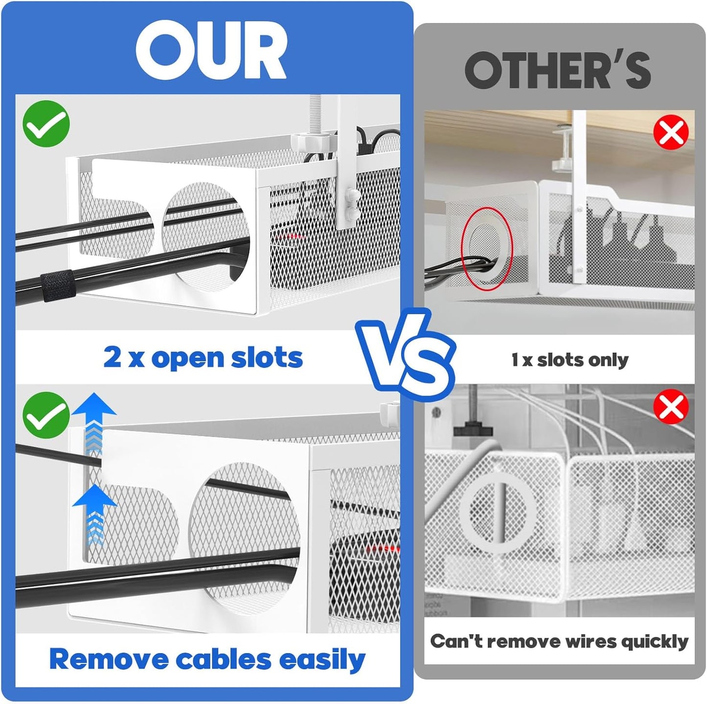 Under Desk Cable Management Tray No Drill 15.1’’, Metal Mesh Cable Management Box with Hybrid Side Slots Cable Raceway,Adjustable Cable Tray with Wire Management for Office Home,1 Pack (Black)