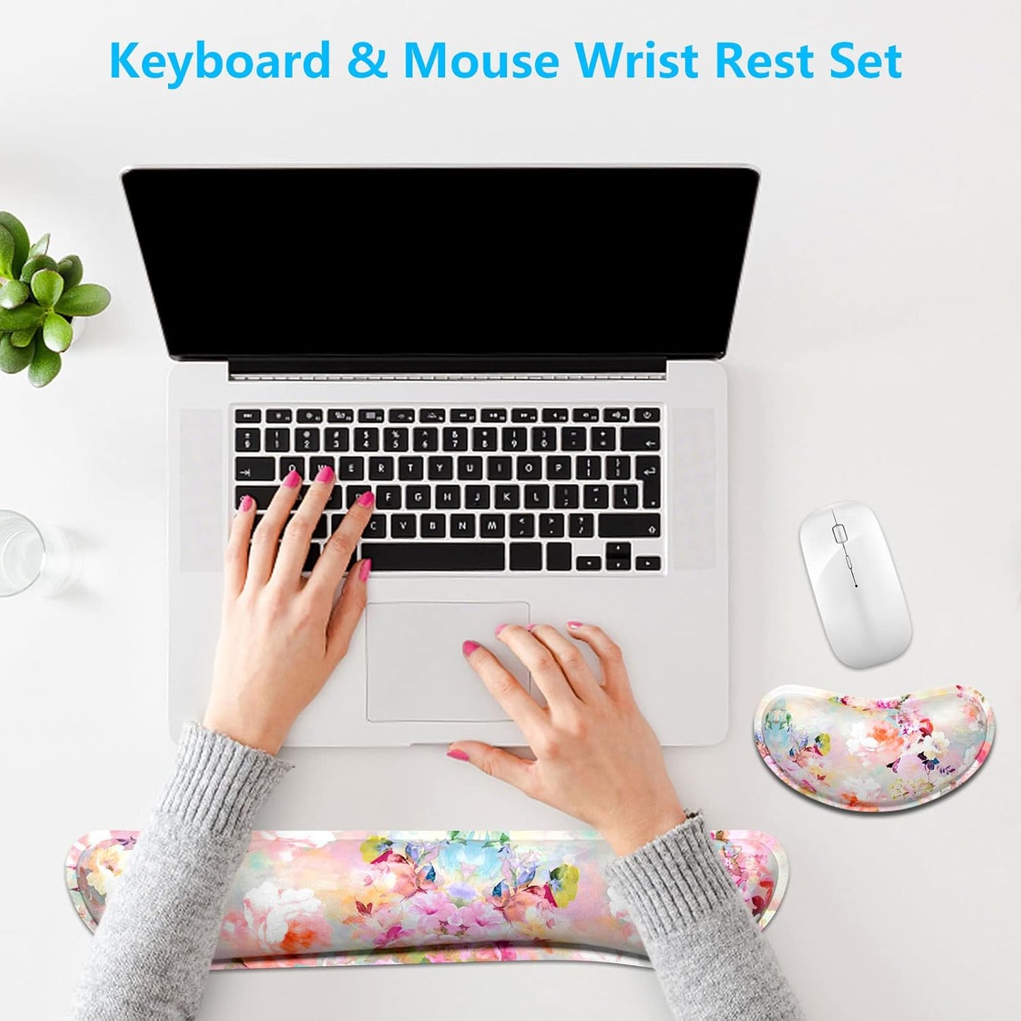 Dapesuom Enlarge Keyboard Wrist Rest, Memory Foam Wrist Cushion for Desk Mats Support, Cute Pain Relief Keyboard Mouse Pad Rests Set with Non-Slip Base for Gaming Laptop Office Computer, Green Leaf