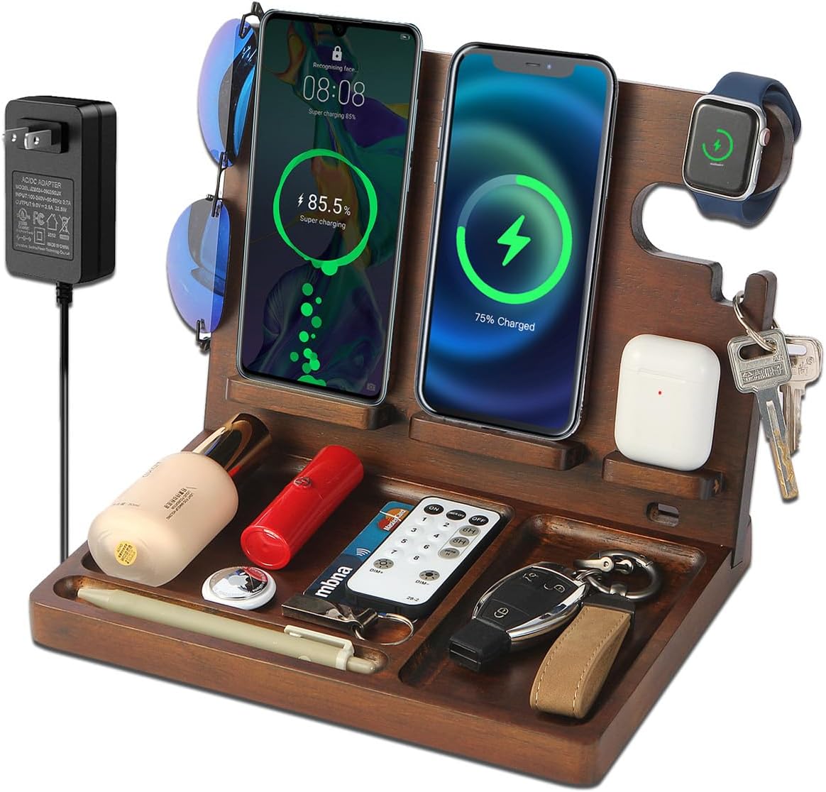 Wood Phone Docking Station Nightstand Organizer for Men 27W 2 Phone Wireless Charging Station with 4 Wireless Charger Stand for iPhone Apple Watch AirPod Mens Birthday Gift Ideas Key Holder