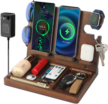 Wood Phone Docking Station Nightstand Organizer for Men 27W 2 Phone Wireless Charging Station with 4 Wireless Charger Stand for iPhone Apple Watch AirPod Mens Birthday Gift Ideas Key Holder