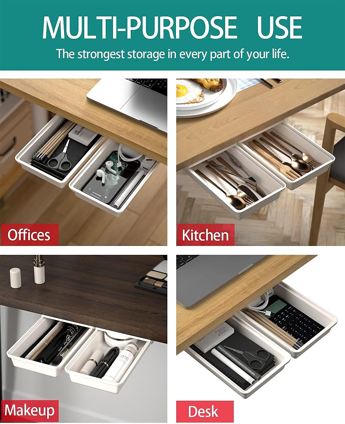 SVNNELP Large Under Desk Table Drawer Storage Organizer A4, Hidden Self-Adhesive Under Desk Pencil Tray Drawer for Office (Clear Black/L)