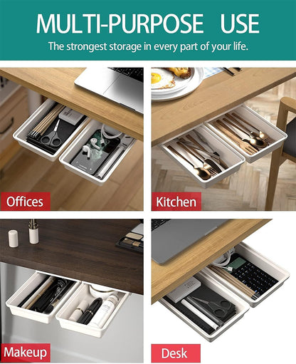 SVNNELP Large Under Desk Table Drawer Storage Organizer A4, Hidden Self-Adhesive Under Desk Pencil Tray Drawer for Office (Clear Black/L)