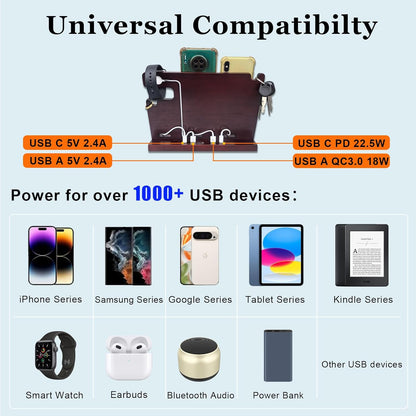 Wood Phone Docking Station with Drawer Nightstand Organizer for Men Dual Phone Charging Station for iPhone Samsung Google Desk Organizers Anniversary Birthday Gifts for Men Dad Him Husband