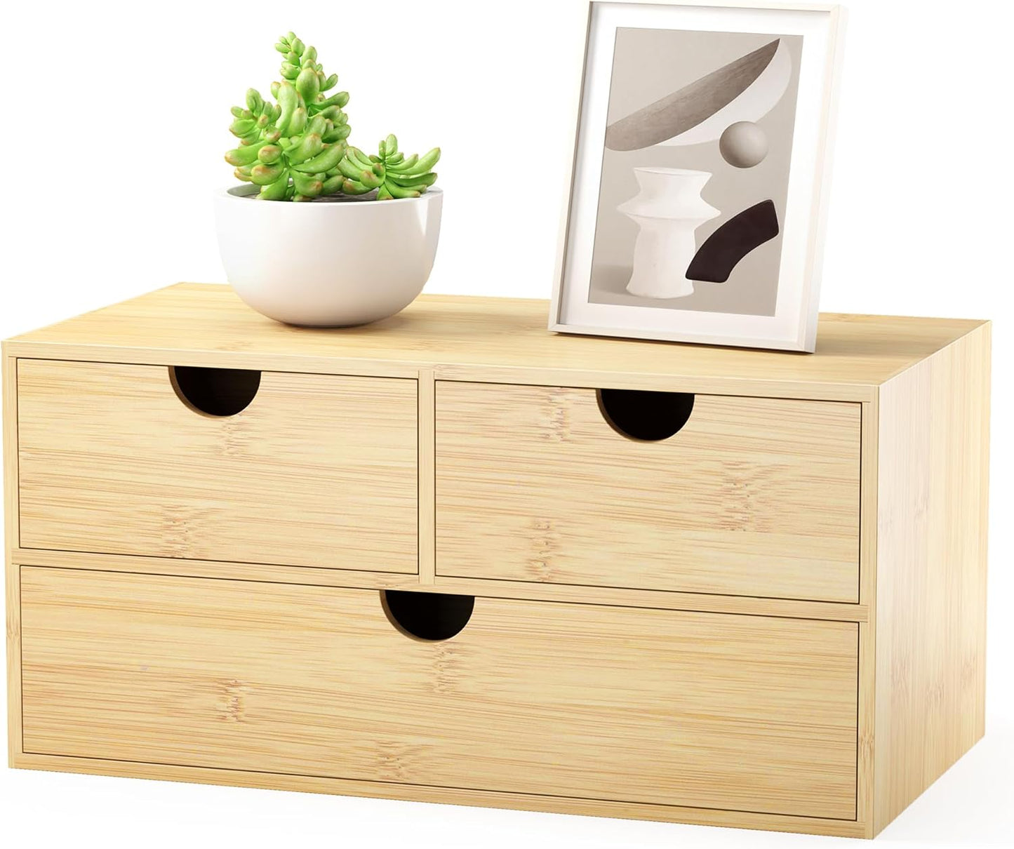 Bamboo Desk Organizer with Drawers - Small Desktop Storage Container for Countertop & Tabletop - No Assembly Required