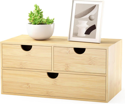Bamboo Desk Organizer with Drawers - Small Desktop Storage Container for Countertop & Tabletop - No Assembly Required