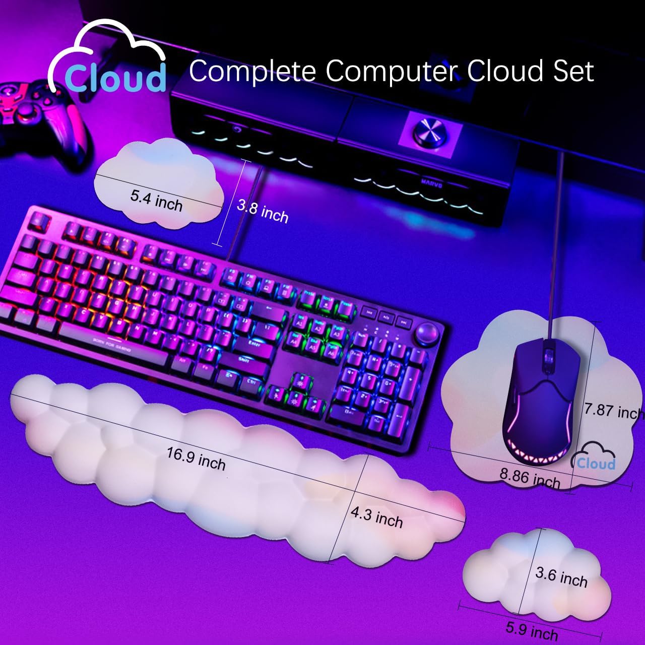 Cloud Wrist Rest Keyboard Palm Rest with Non-Slip Base for Computer Gaming Wrist Rest, YAMJUG Cloud Arm Rest Keyboard Wrist Pad Rainbow