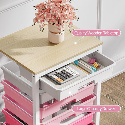 SYKIARIOL Rolling Storage Utility Cart with 6 Drawers and Wooden Tabletop for Under Desk Storage,White