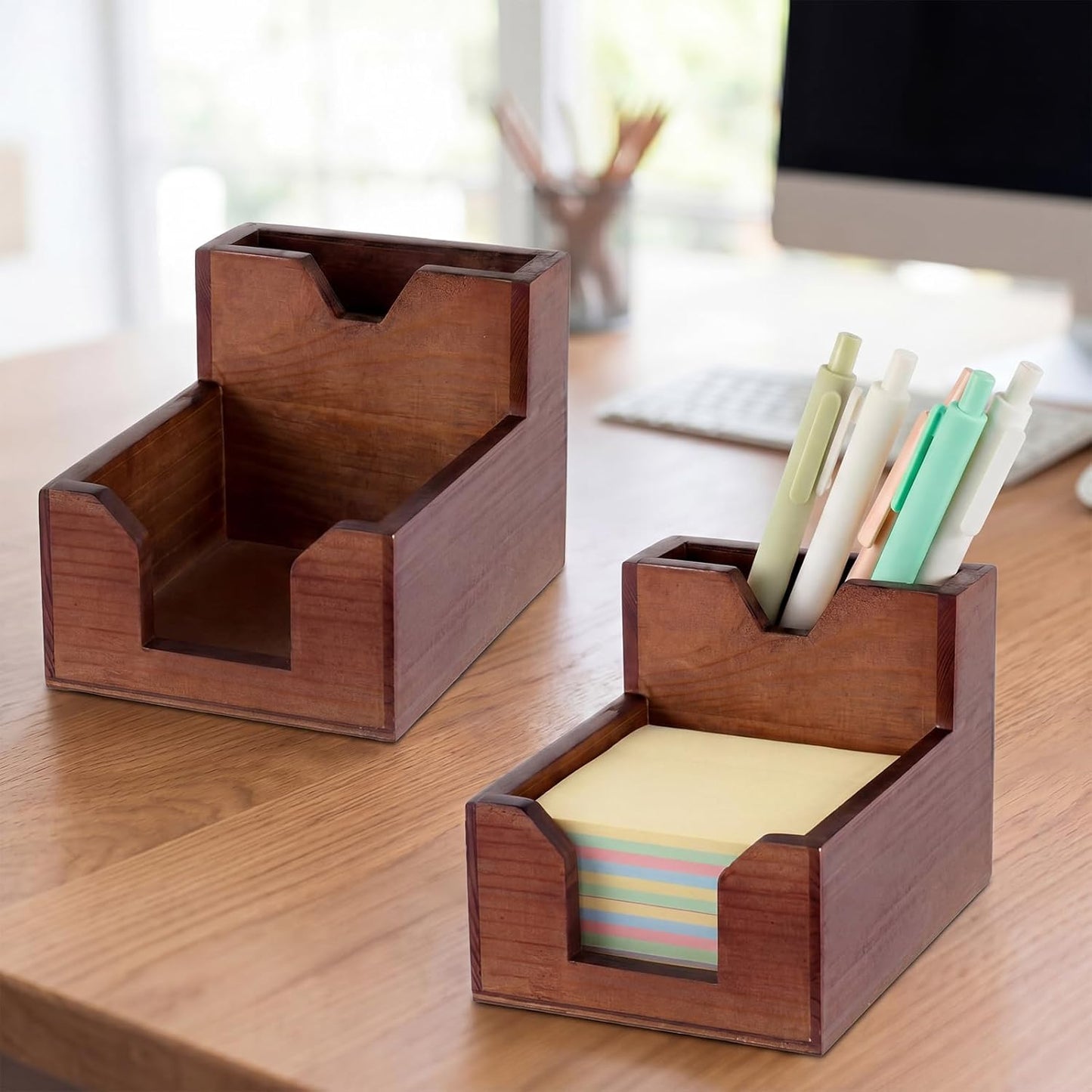 Crtiin 2 Sets Wood Sticky Note Holder, 2-in-1 Pen and Sticky Note Dispenser with 200 Sheets 3x3 Inches Sticky-Notes, Walnut Color Pen Holder for Office Home School Dorm Room Desk Organizer