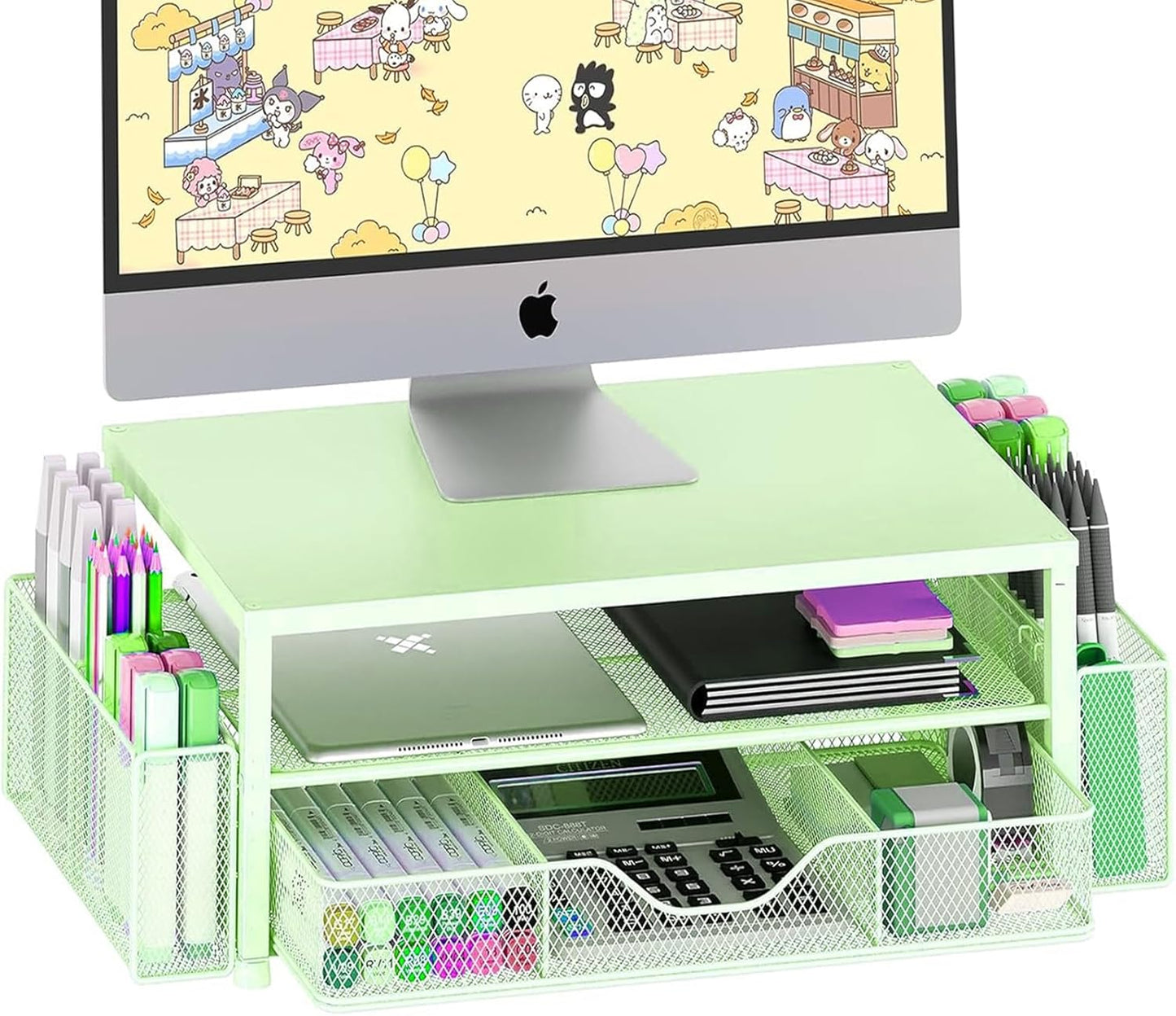 OPNICE Desk Organizers and Accessories, Computer Monitor Stand Riser with Drawer and 2 Pen Holders, Printer & Laptop Stand, Office Desk Accessories & Workspace Organizers for Home Office Supplies, Black