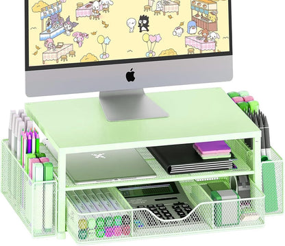 OPNICE Desk Organizers and Accessories, Computer Monitor Stand Riser with Drawer and 2 Pen Holders, Printer & Laptop Stand, Office Desk Accessories & Workspace Organizers for Home Office Supplies, Black