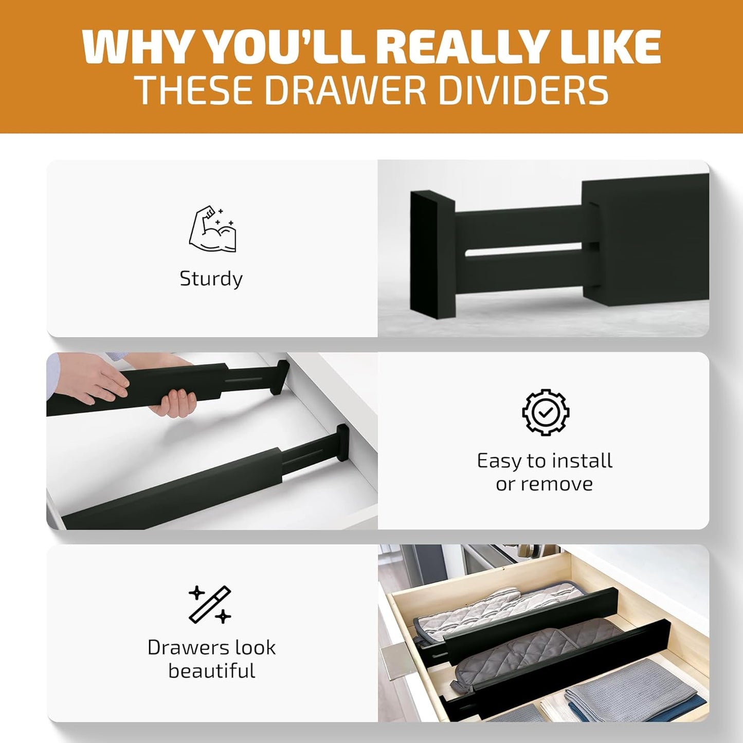 6-Pack Drawer Dividers - 2.6 Inches High, Adjustable 16 to 22 Inches Bamboo Drawer Organizer, Large Expandable Separator for Clothes, Dresser, Bedroom, Bathroom, Baby, Office, Kitchen Utensils, Black
