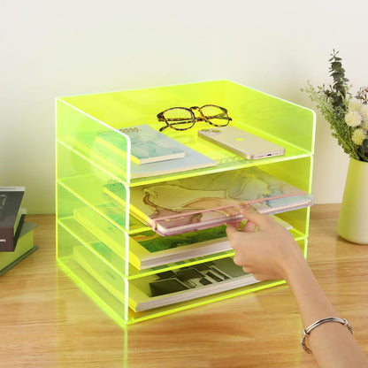 Gelite Acrylic File Organizer for Desk 4 Tiered Stackable Letter Tray Office Paper Storage Desktop Document Sorter, Neon Pink
