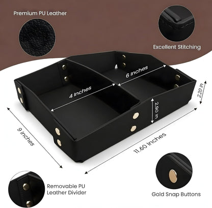 Valet Tray Organizer for Men & Women - PU Leather Catch All Tray with Removable Divider - EDC Storage for Keys, Watch, Phone - Nightstand, Dresser & Desk Organizer - Pacific Navy