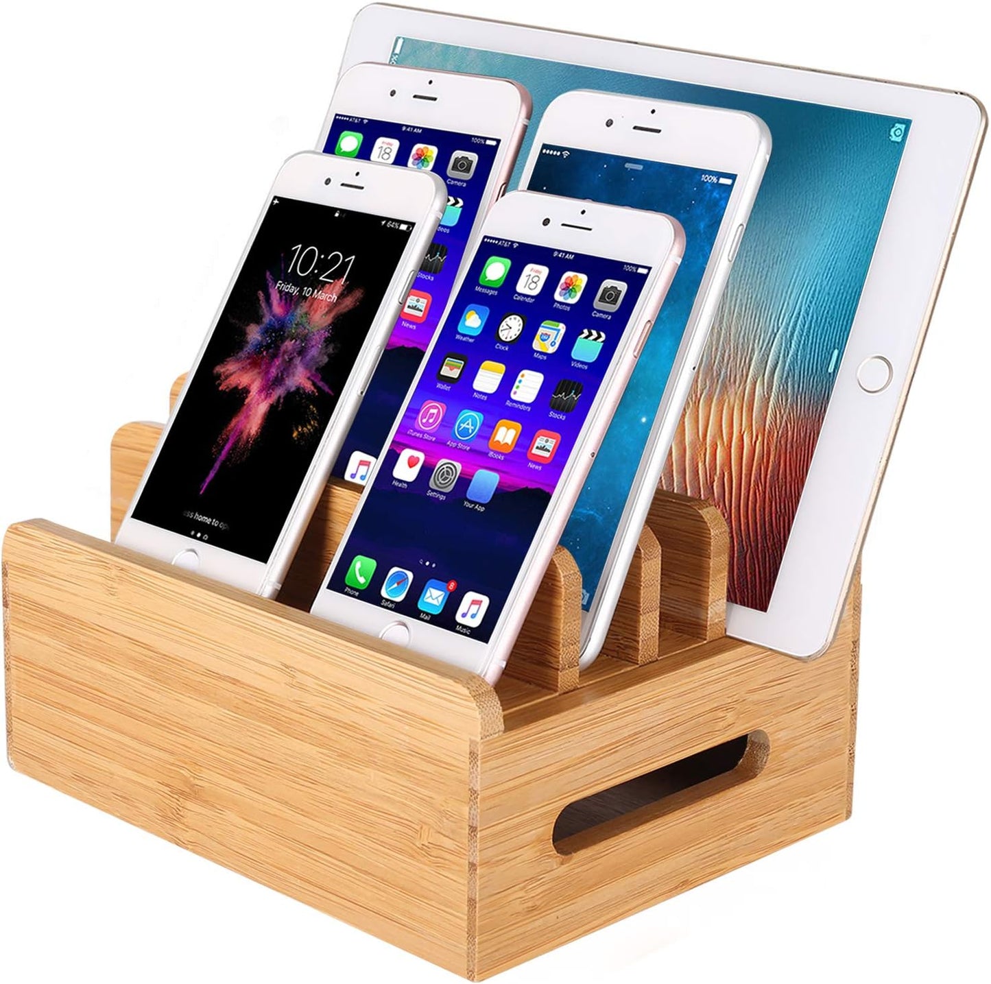 Bamboo Wood Multi-Device Desktop Dock Station Charger Holder Charging Cradle Charge Stand Compatible for iPhone 16 15 14 13 12 11 Pro Max XS XR X iPad 3 4 Mini Pro Air Samsung Huawei Smartphones