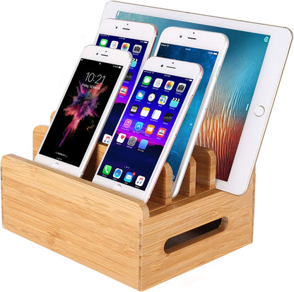 Bamboo Wood Multi-Device Desktop Dock Station Charger Holder Charging Cradle Charge Stand Compatible for iPhone 16 15 14 13 12 11 Pro Max XS XR X iPad 3 4 Mini Pro Air Samsung Huawei Smartphones