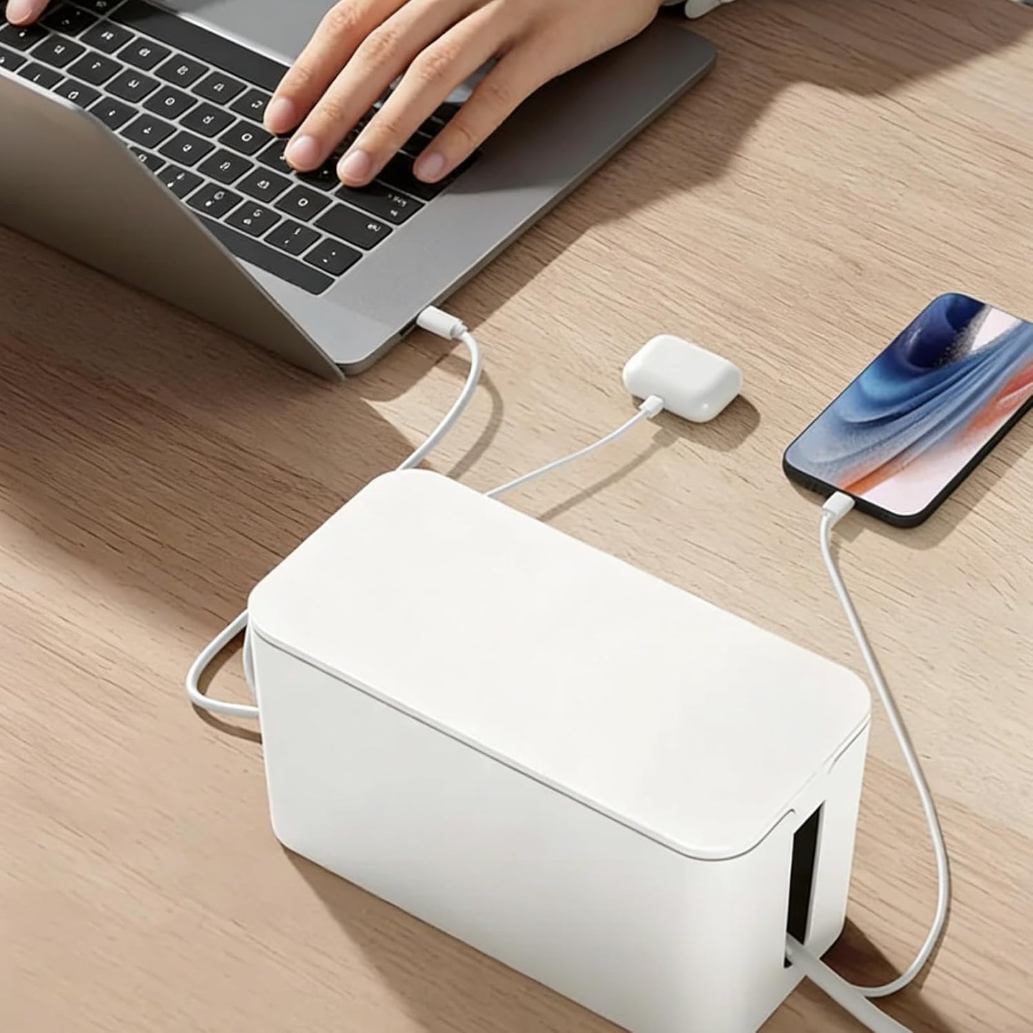 Vehamljyn Cord Organizer Box Multi-Hole Shunt Design Large Cable Management Box Hide Power Strips & Cords for Home Office Living Room (White)