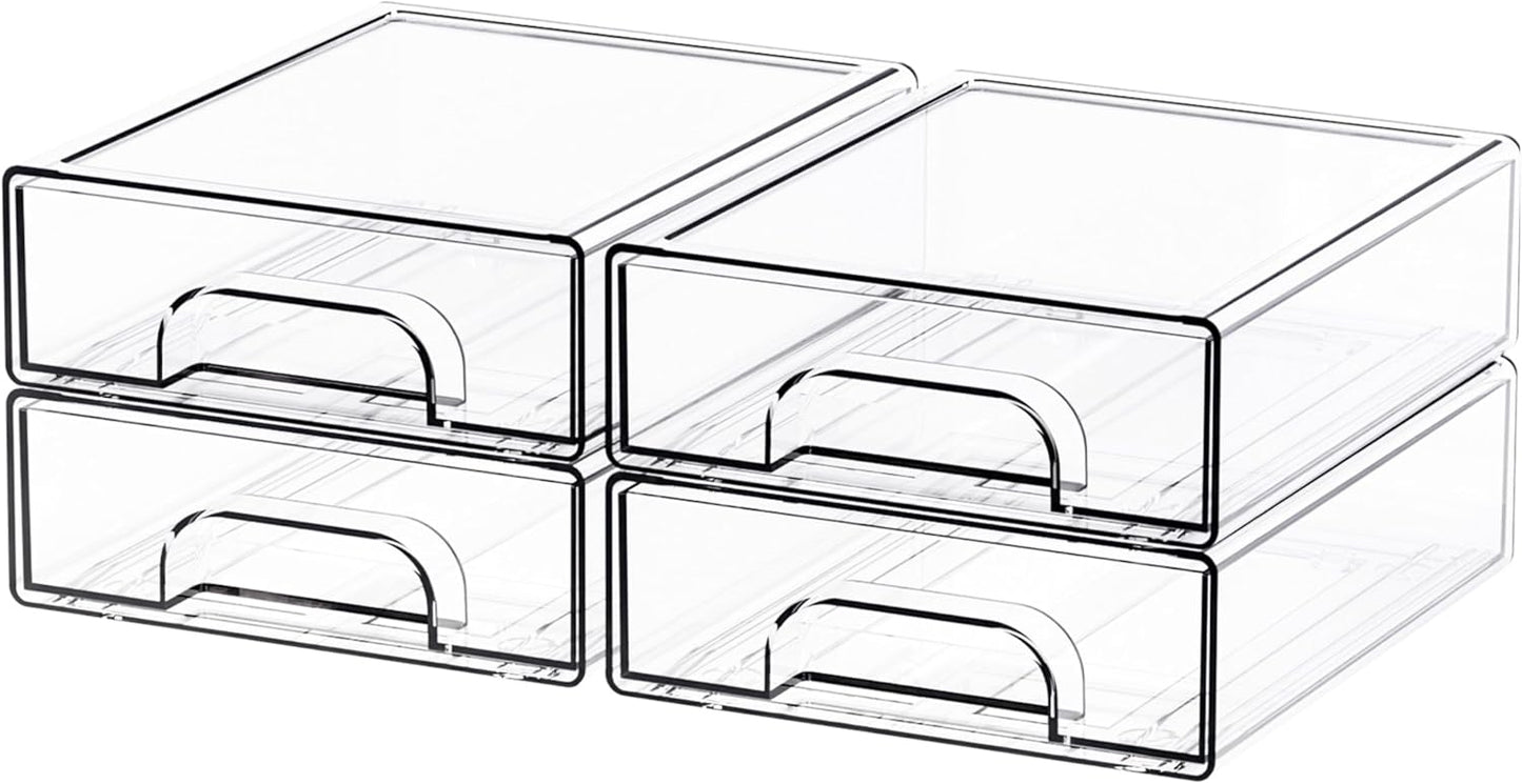 Yieach 4 Pack Clear Stackable Storage Drawers,4.4'' Tall Acrylic Drawer Containers for Organizing,Bathroom Organizers and Storage Bin Box,Plastic Makeup,Medicine Organizer Bins for Cabinet,Undersink