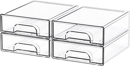Yieach 4 Pack Clear Stackable Storage Drawers,4.4'' Tall Acrylic Drawer Containers for Organizing,Bathroom Organizers and Storage Bin Box,Plastic Makeup,Medicine Organizer Bins for Cabinet,Undersink