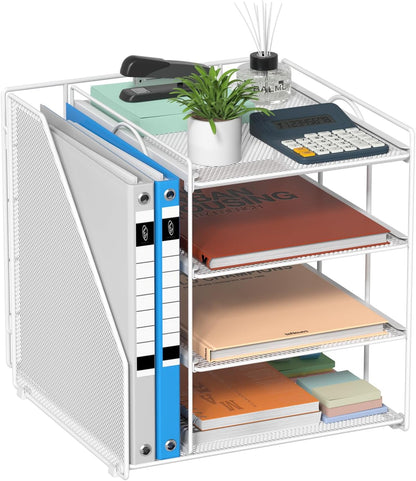 Desk Organizer, 4-Tier Metal File Organizer for Desk with Vertical File Holder, Office Accessories and Desktop Storage for Office Supplies (Black)