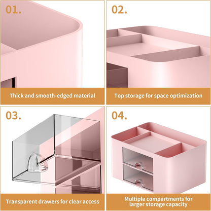 Marbrasse Pen Organizer with 2 Drawer, Multi-Functional Pencil Holder for Desk, Desk Organizers and Accessories with 5 Compartments + Drawer for Office Art Supplies (White)