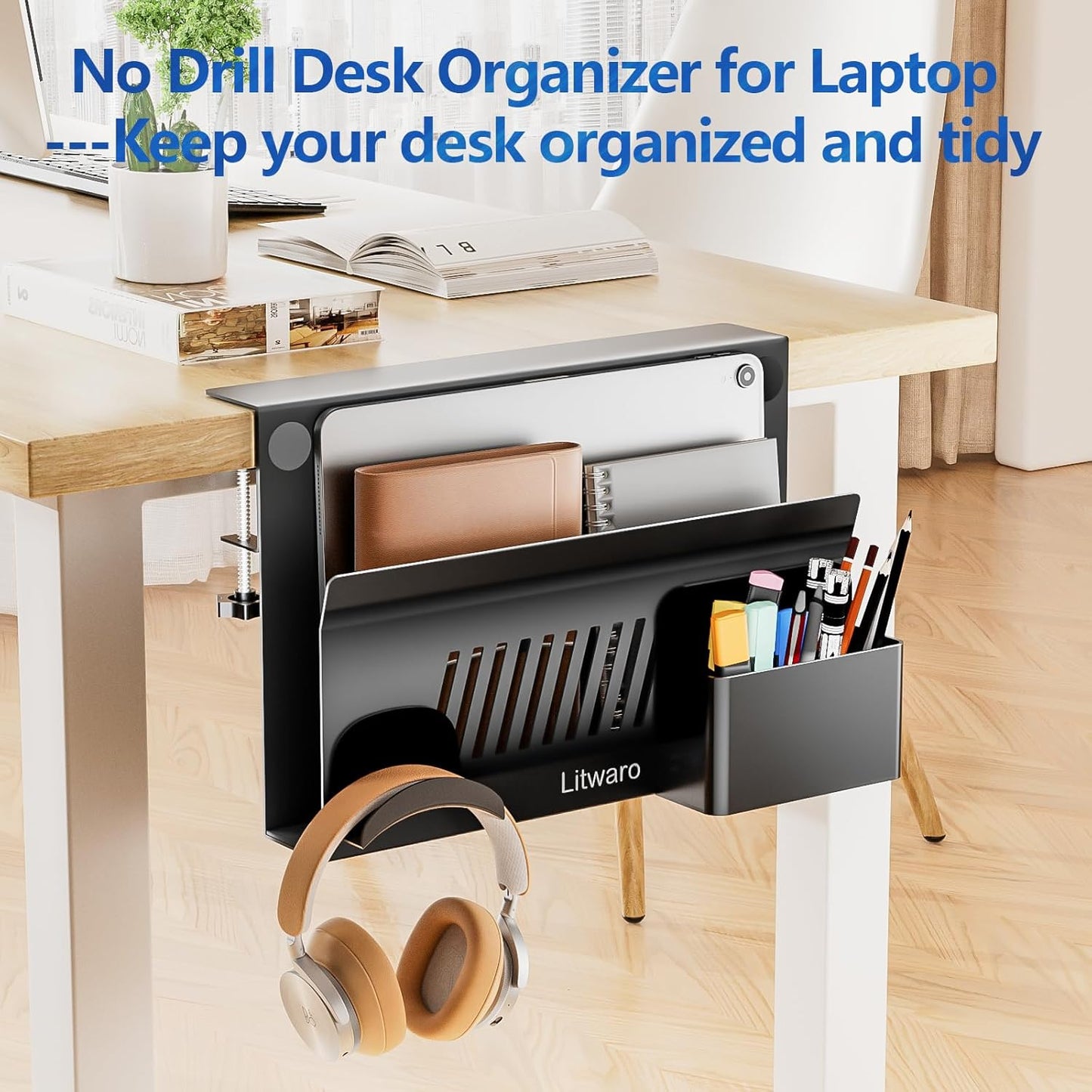 Litwaro Desk Side Storage Organizer, 2 Tier Under Desk Laptop Holder No Drill, Laptop Mount with Magnetic Pen Holder, Hanging Desk Organizer Fits Flat Edge Desks 0.4" to 2.1" (White)