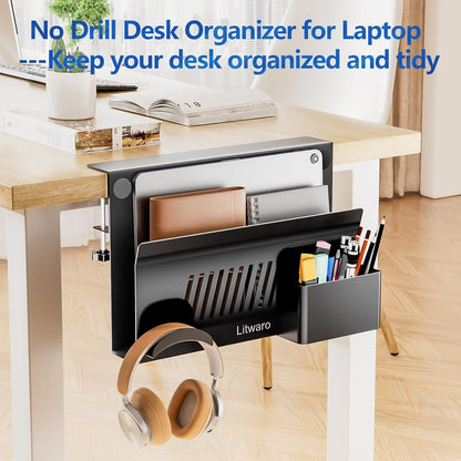 Litwaro Desk Side Storage Organizer, 2 Tier Under Desk Laptop Holder No Drill, Laptop Mount with Magnetic Pen Holder, Hanging Desk Organizer Fits Flat Edge Desks 0.4" to 2.1" (White)