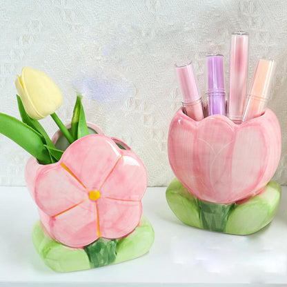 Red Makeup Brush Holder Pen Holder Office Desk Accessories Aesthetic Pencil Holders Cute Toothbrush Holders Flower Home Decor Vase Birthday Gifts for Women Vanity Kawaii Kitchen Utensil Holder