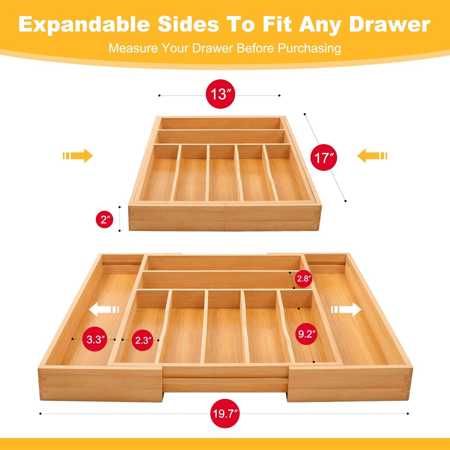 Expandable Bamboo Kitchen Drawer Organizer for Cutlery and Utensils, Adjustable Bamboo Wood Cutlery Tray in Drawer for Flatware and Silverware in Kitchen, (Natural)