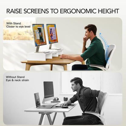 AMERIERGO Dual Monitor Stand Riser for 2 Monitors, Monitor Stand for Desk, Adjustable Computer Monitor Stand with 2 Slot, Multifunctional Desktop Organizer Stand for Laptop, PC, Computer, Printer