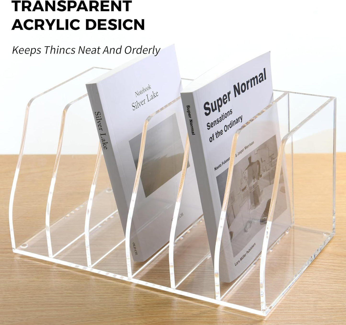 Acrylic Magazine File Holder, 4 Vertical Compartments Desk Document Sorter Organizer, Clear Folder Rack Binder for Office/Home/Classroom, for Documents, Tablet, Magazines, Books & Accessories