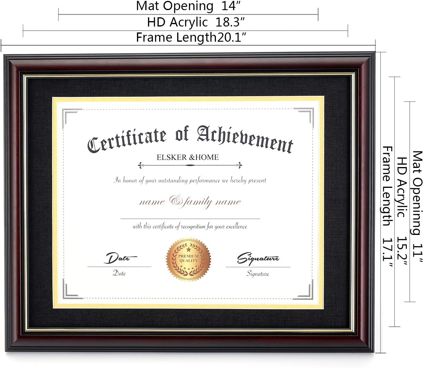 ELSKER&HOME Diploma Frame - Wide Solid Wood Frame - Black Velvet Golden Rim Mat - Semi-Tempered Glass - Includes Hanging Hardware and Desktop Easel(ONLY Display 11×14 Document/Certificate)
