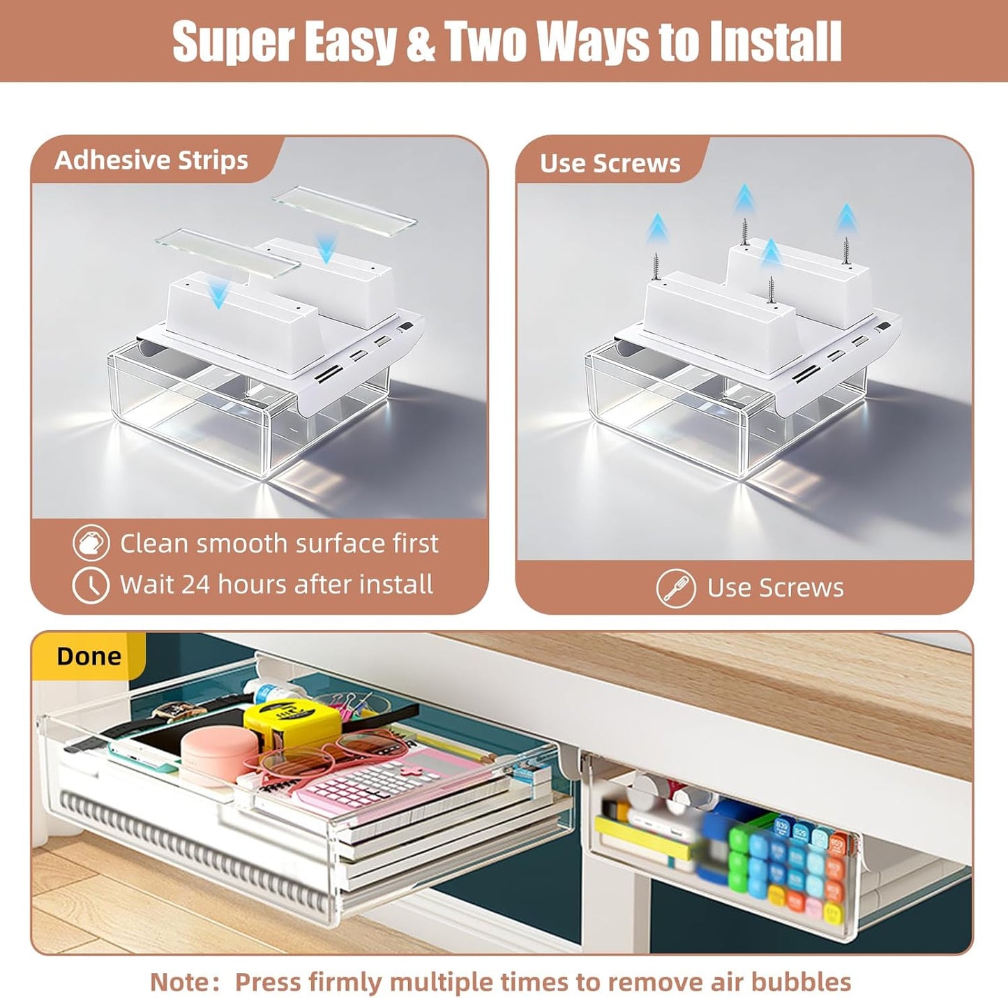 TooCust 3 Pack Under Desk Drawer Slide Out Storage Organizer, Clear White 3 Sizes (S/M/L), Dual-Mount Hidden Table Tray for Tablets, Planners & Office Supplies
