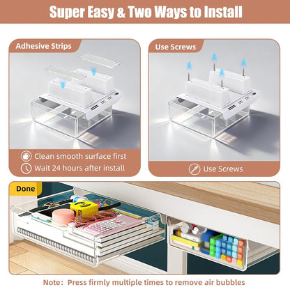 TooCust 3 Pack Under Desk Drawer Slide Out Storage Organizer, Clear White 3 Sizes (S/M/L), Dual-Mount Hidden Table Tray for Tablets, Planners & Office Supplies