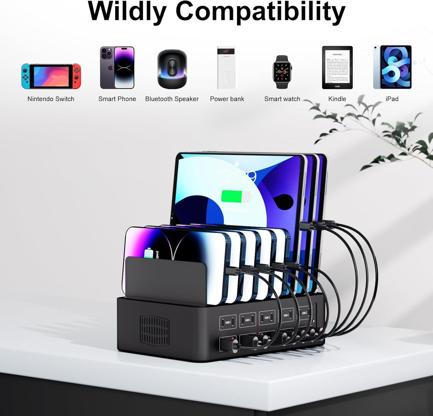 150W/35A Charging Station for Multiple Devices, 20 Port USB C Fast Charging Station with Adjustable Dividers - Organizer Charging Dock for Smartphone, iPad, Kindle, Tablet & More