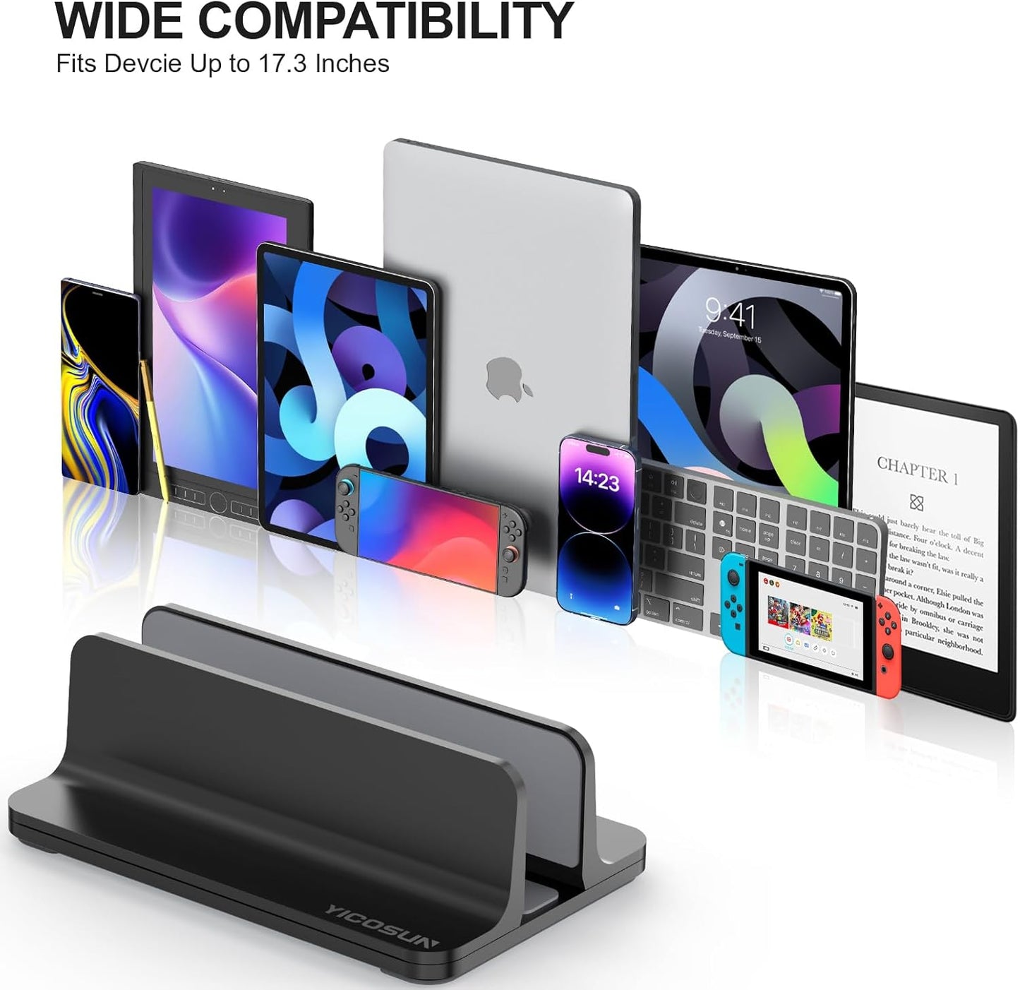 YICOSUN Aluminum Vertical Laptop Stand for Desk - Adjustable Width Dock for MacBook, Surface, Samsung, HP, Dell up to 17.3 inches - Space-Saving & Protective Design - Gray