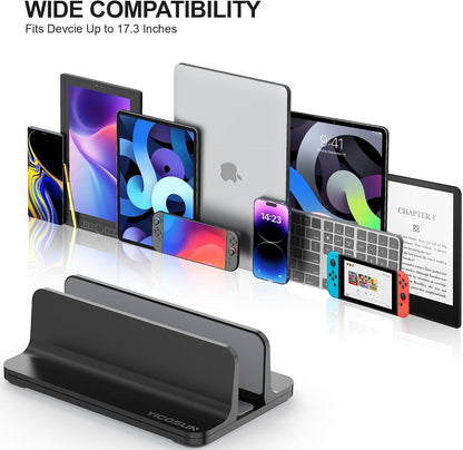 YICOSUN Aluminum Vertical Laptop Stand for Desk - Adjustable Width Dock for MacBook, Surface, Samsung, HP, Dell up to 17.3 inches - Space-Saving & Protective Design - Gray