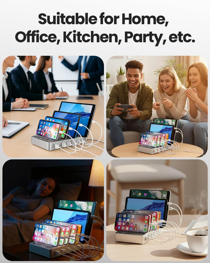 6-Port USB Charging Station with 6 Included Cables, Fast Charging Hub for iPhone Android Cell Phone, Tablet, Smartwatch - Multi Port Desktop Organizer (Silver)