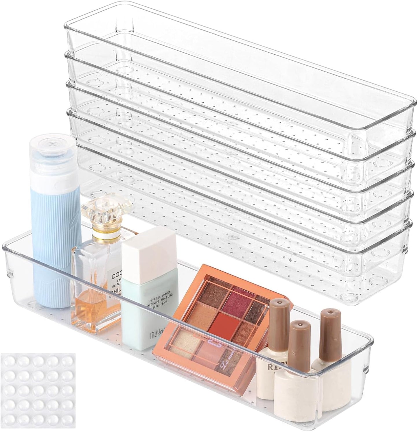 Ohlove 6 Pcs Large Clear Plastic Drawer Organizers Tray 15" x 6.3" Storage Bins with 25 Pcs Non-Slip Pads for Makeup, Jewelries, Kitchen Utensils, Bathroom and Office