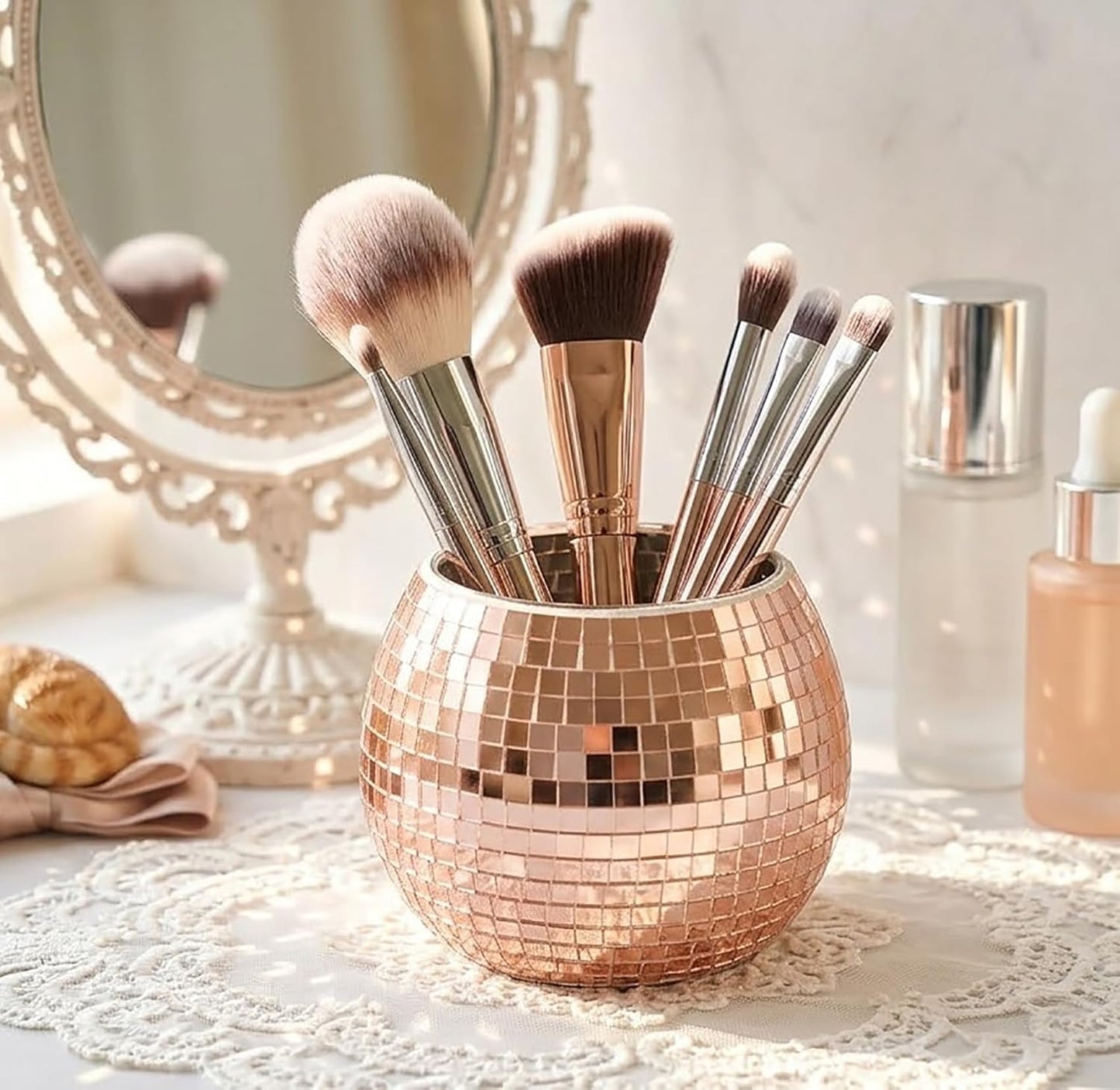Disco Ball Makeup Brush Holder & Pen Cup - Fun Desk Accessories for Office, Cute Aesthetic Room Decor, 4.7 inch Unique gift vase for Her (rosegold)