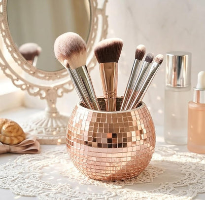 Disco Ball Makeup Brush Holder & Pen Cup - Fun Desk Accessories for Office, Cute Aesthetic Room Decor, 4.7 inch Unique gift vase for Her (rosegold)