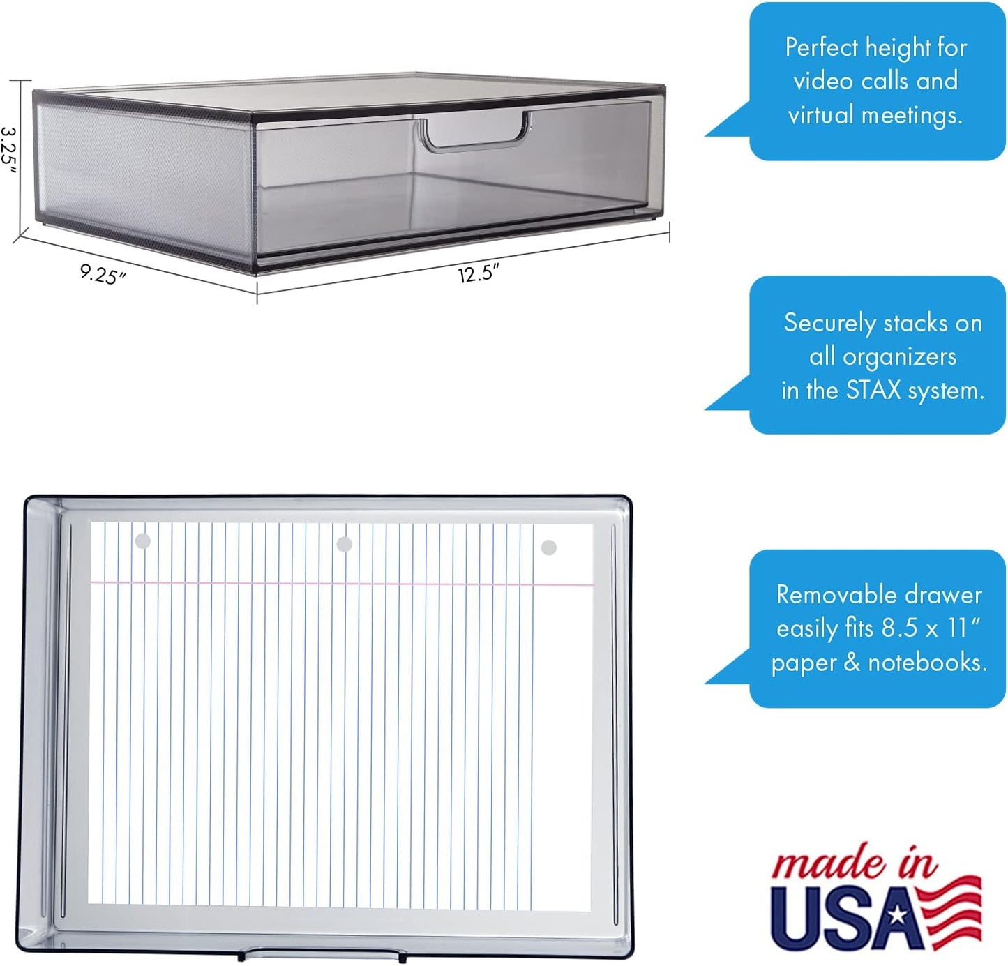 STORi STAX Plastic Stackable Organizer Drawers (Set of 2) Clear | 12.5" Wide | Set Includes Two Open Drawer | Organize Office Desk Accessories & Sort Paper | Made in USA