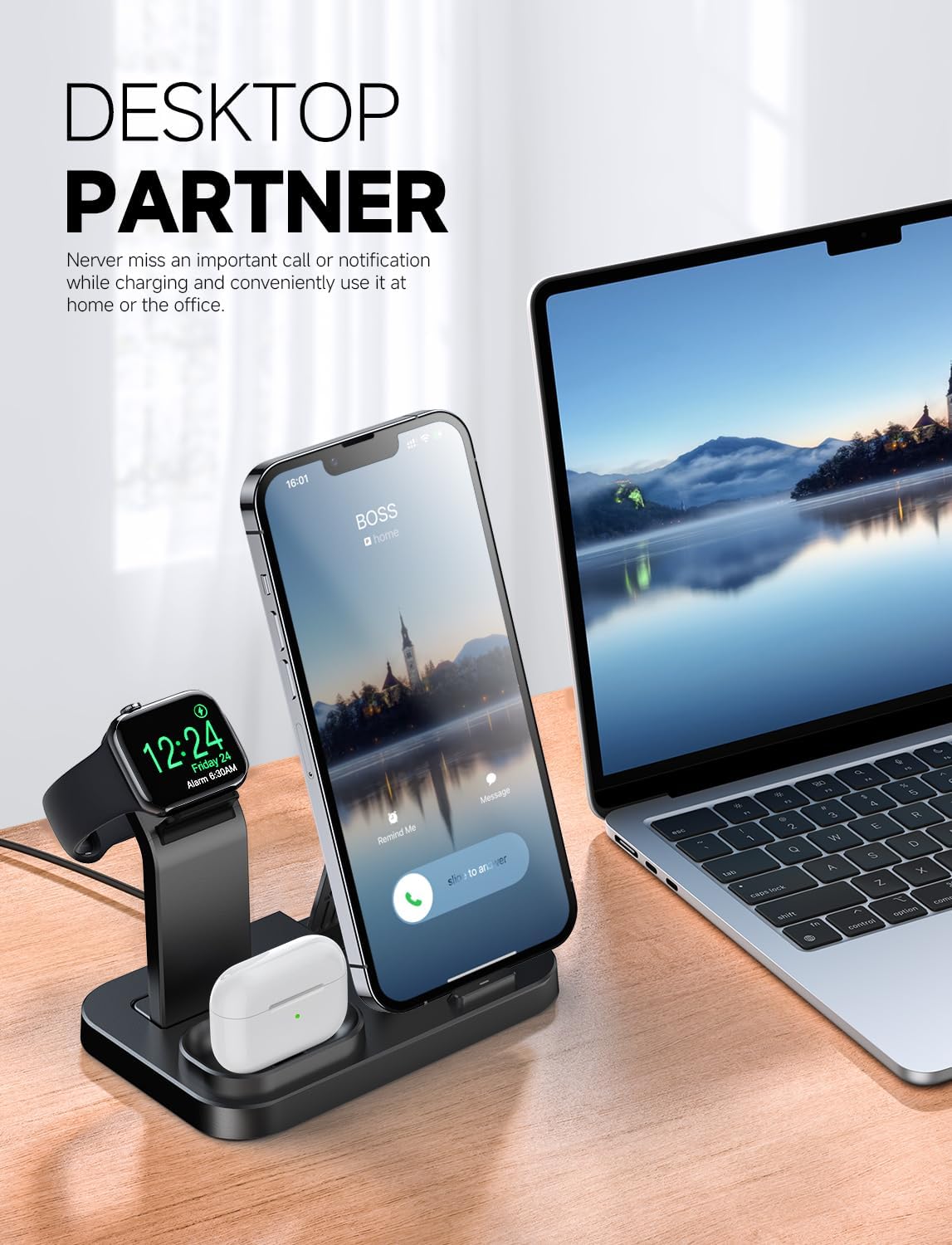 Wireless Charging Station 3 in 1 RJR Compatible with Apple Devices, Charging Dock for iWatch, Built-in Wireless Charger Stand for iPhone Series AirPods Gifts (with 18W Adapter) Graphite Black