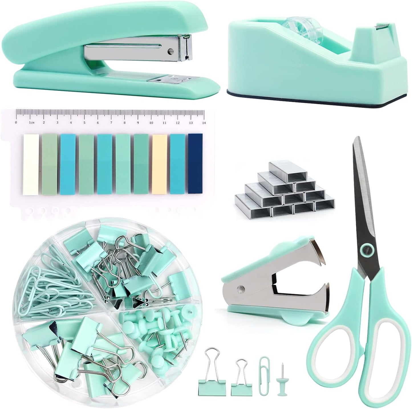 Gold Office Supplies,UPIHO Gold Desk Accessories,Stapler and Tape Dispenser Set with Large Stapler,Tape Dispenser, Staple Remover, Staples, Clips,Scissor,Pen and Sticky Notes,Gifts for Office Clerks