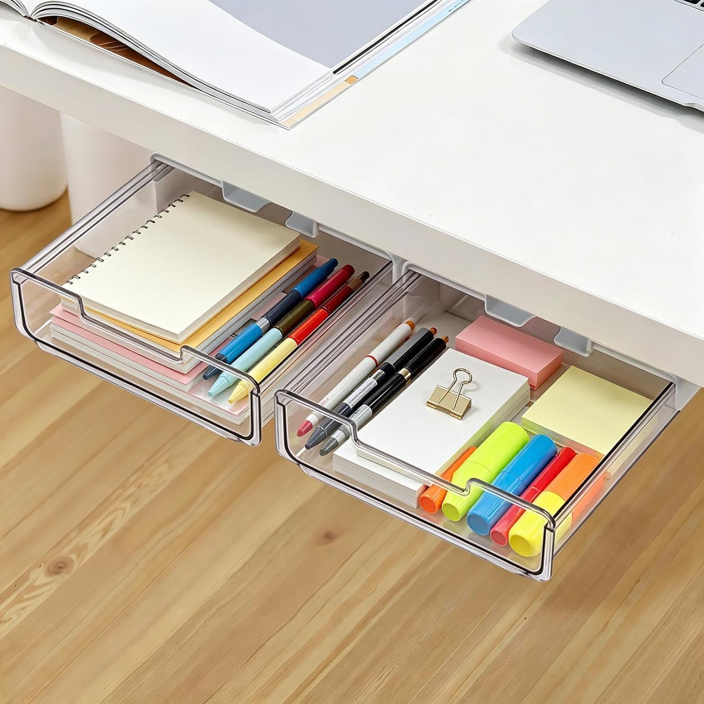 Under Desk Storage Drawers Self-Adhesive Easy Hidden Desktop Organizer, Attachable Clear Acrylic Storage Tray Under Table Drawer for Home Office School Counters Workstation, 2 Pack