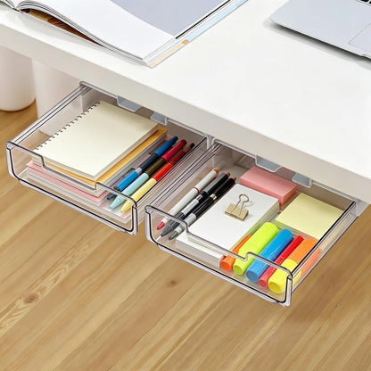 Under Desk Storage Drawers Self-Adhesive Easy Hidden Desktop Organizer, Attachable Clear Acrylic Storage Tray Under Table Drawer for Home Office School Counters Workstation, 2 Pack