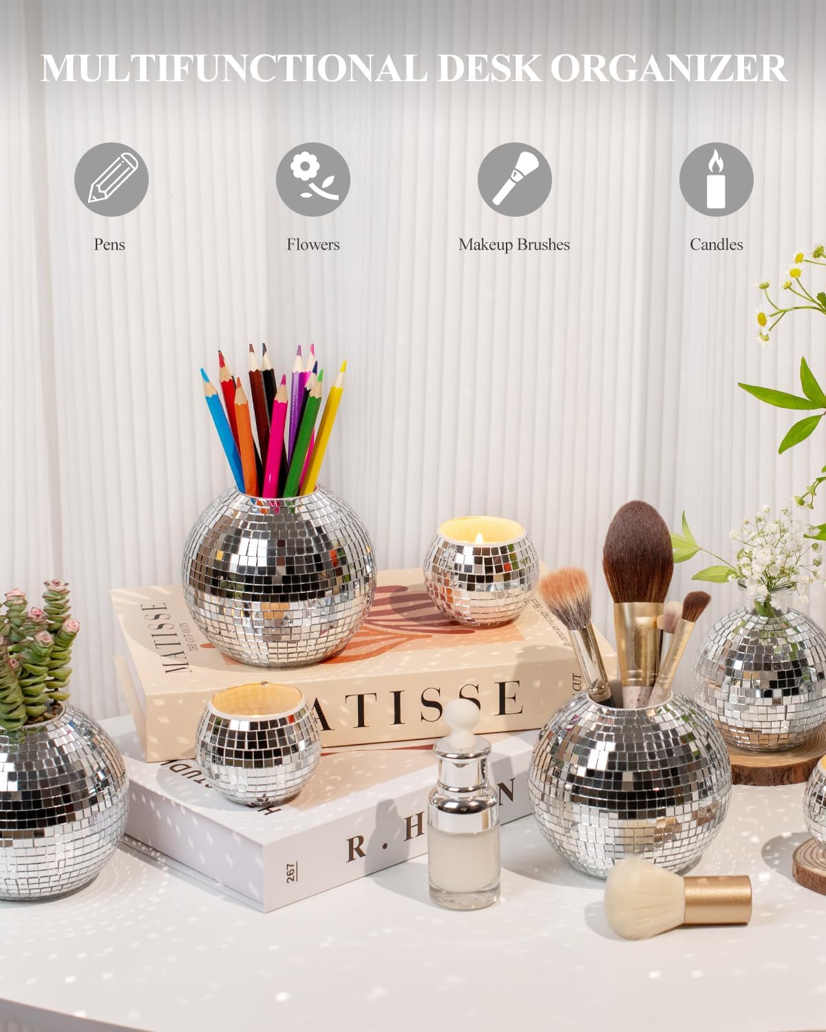 Disco Ball Pencil Holder for Desk - Pen & Makeup Brush Organizer with Silver Sequins, Disco Accessories Decor for Office, Home, or Bedroom - 4 in
